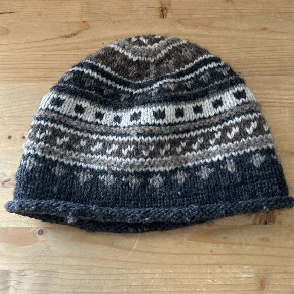 Everest Designs Skull Cap Brown/Charcoal Fair Isle Wool Lined Beanie Hat Nepal - Picture 5 of 11